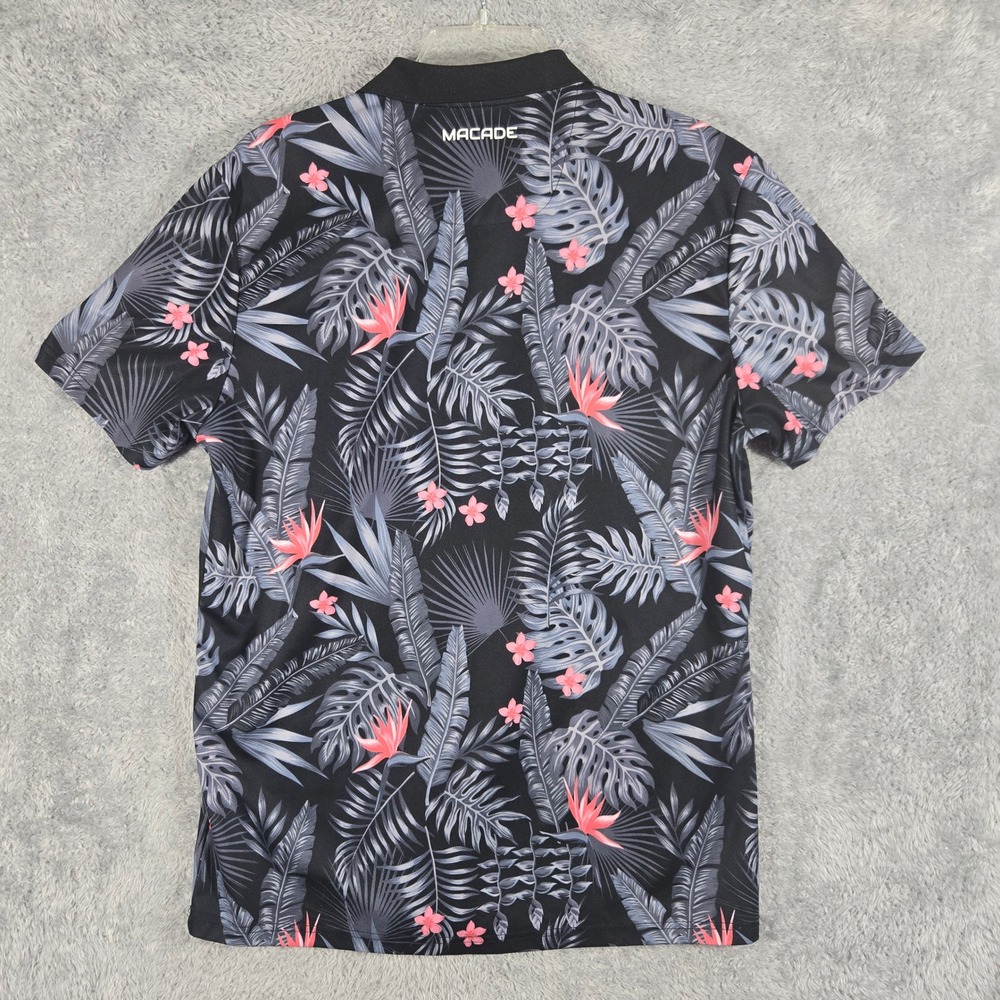 Macade Golf Mens XL Slim Fit Tropical Floral Polo Shirt Black Pink Grey Hibiscus - Picture 7 of 7